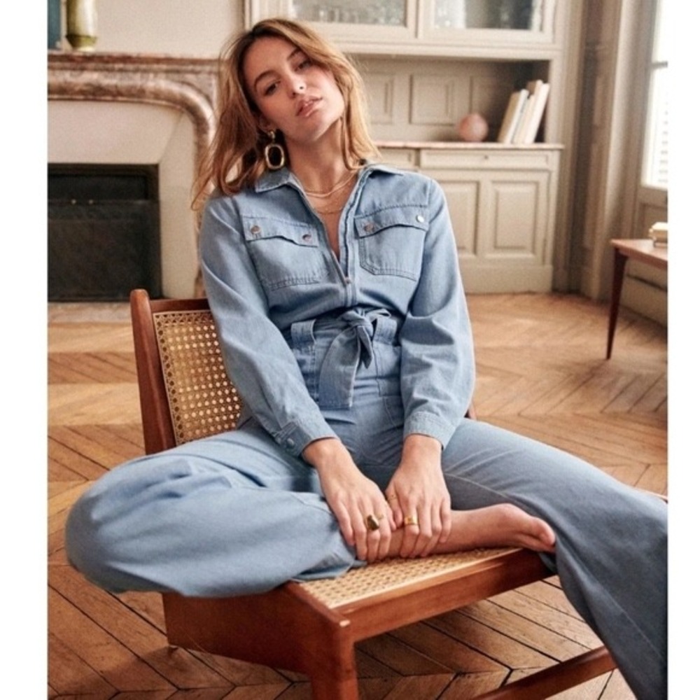 Sezane Denim Bob Jumpsuit Light Blue Wash Utility Long Sleeve Tie Waist US 6 NEW - Picture 1 of 14